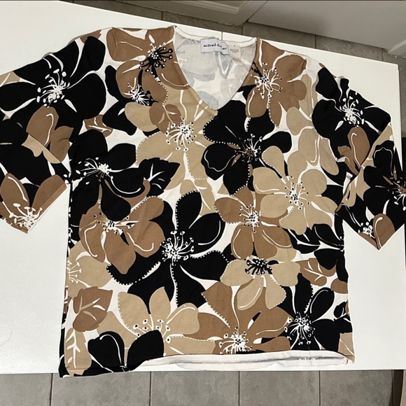 Alfred Dunner Women's V-Neck Sweater - Black, Brown, White Floral - Picture 1 of 6